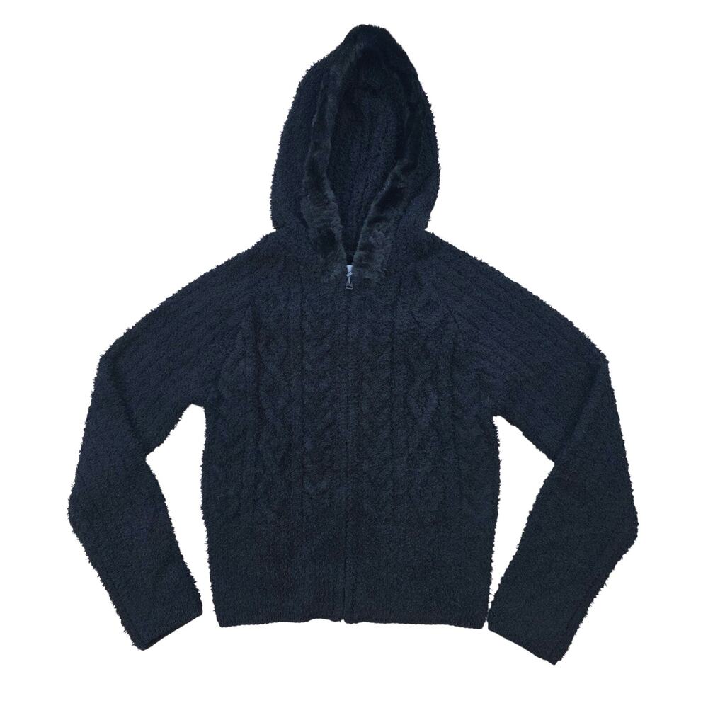 Splendid Girls Diva Hoodie Size 12 Black Fuzzy Plush Cable Knit Full Zip NWT